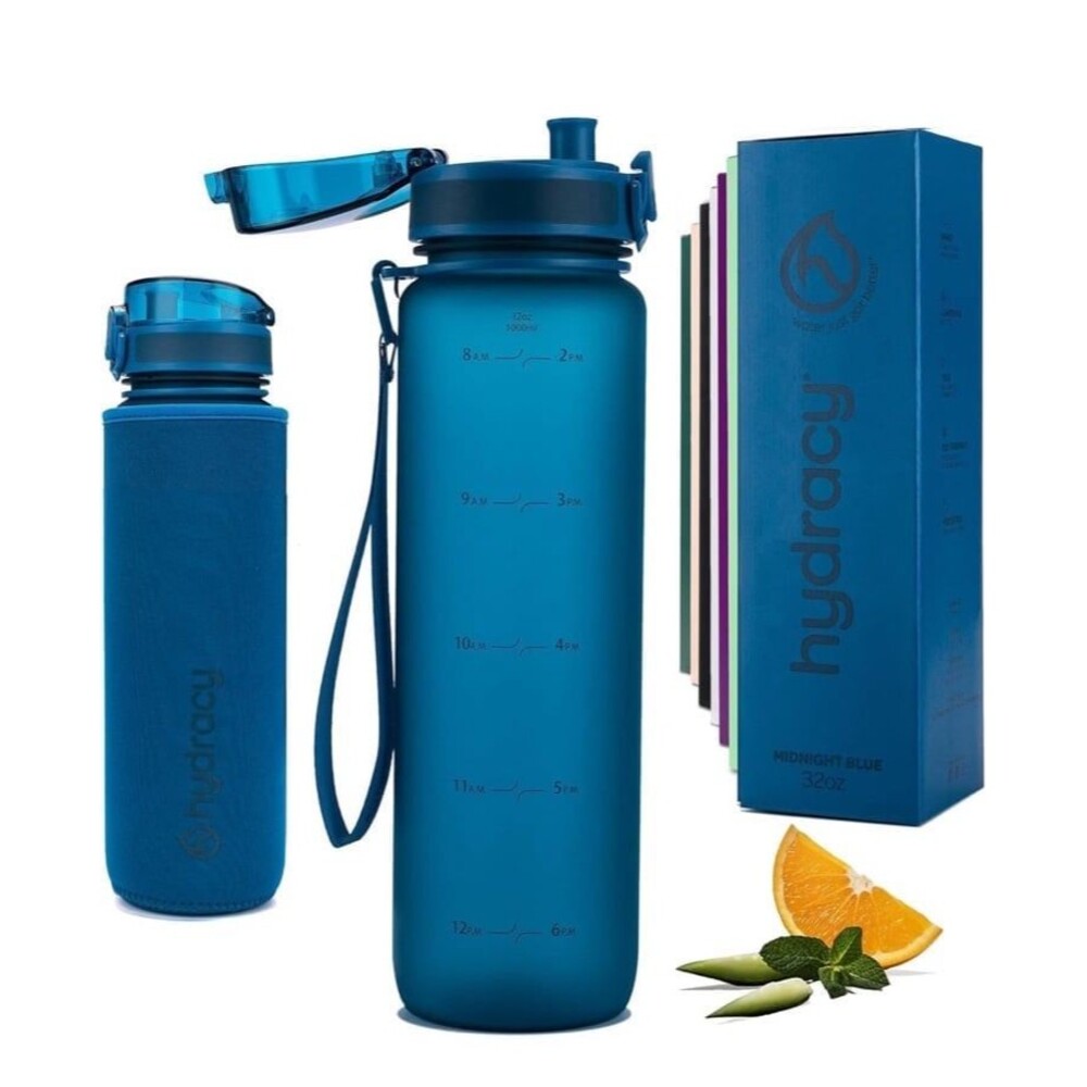 NIB 32OZ Hydracy water bottle+sleeve+time marker+strainer BPA free leak proof Bl